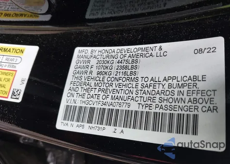 2022 Honda Accord Sport from USA, damaged, VIN 1HGCV1F34NA076779